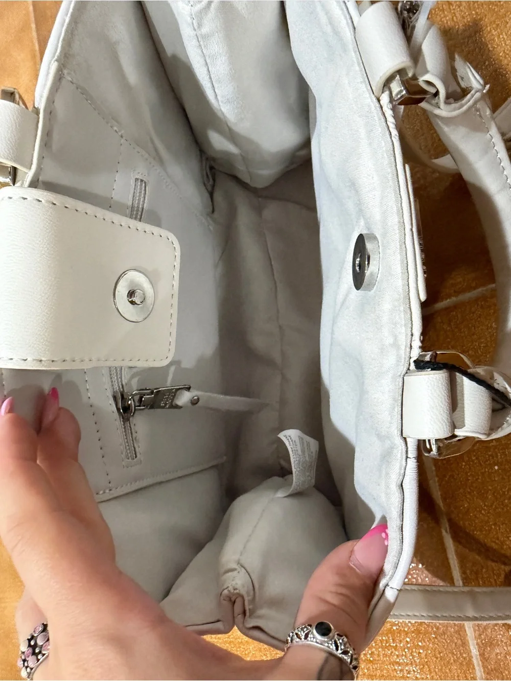 Steve Madden Cream Quilted Shoulder Tote with Embossed Logo